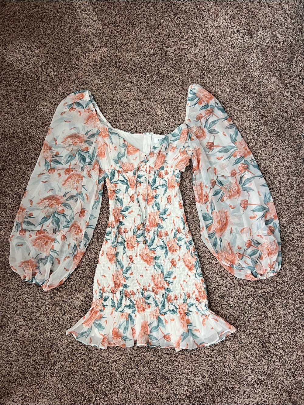 Floral Smocked Mini Dress with Puff Sleeves - Cream Peach Floral